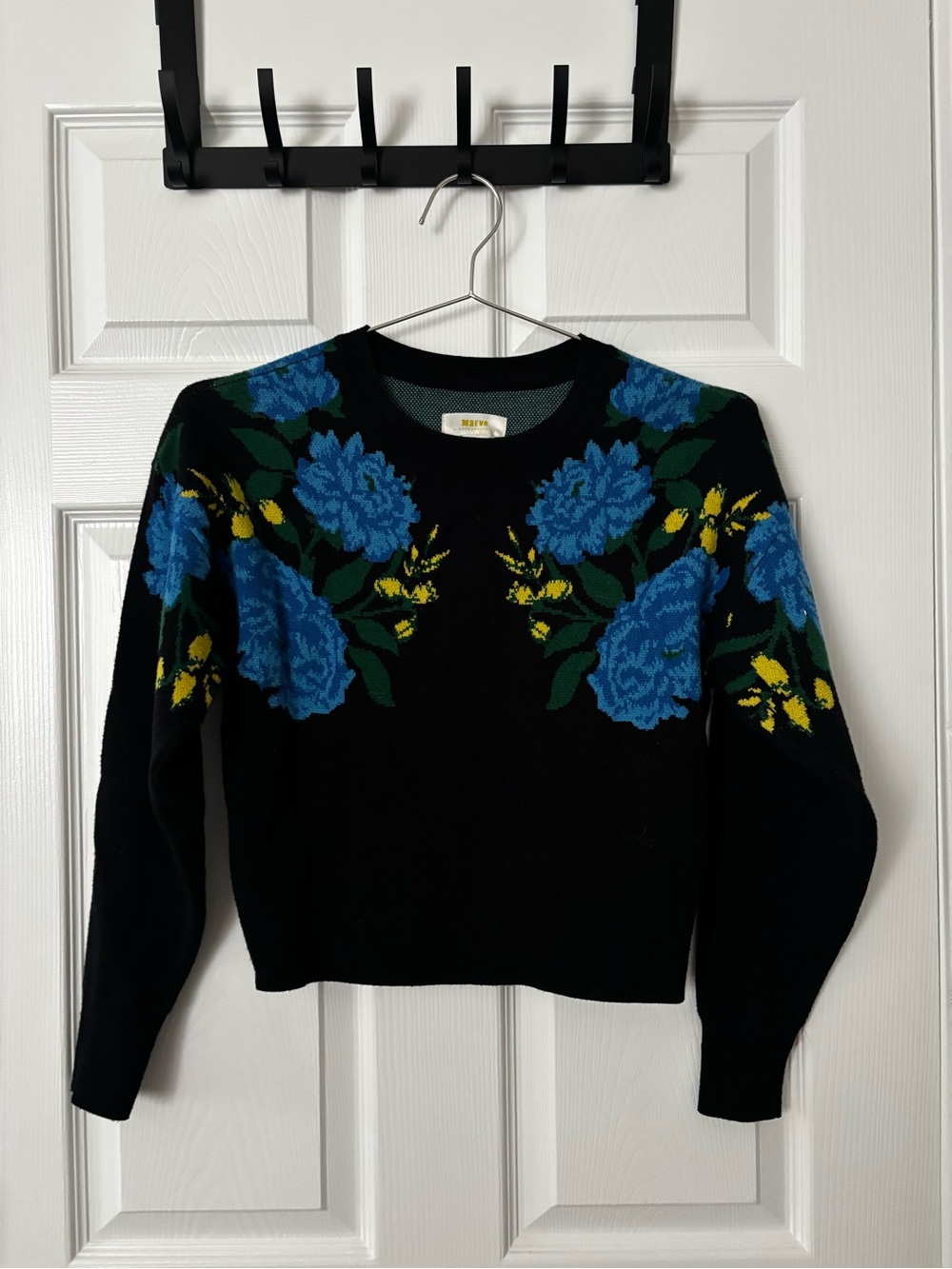 Maeve Black Crewneck Sweater with Blue Floral Jacquard